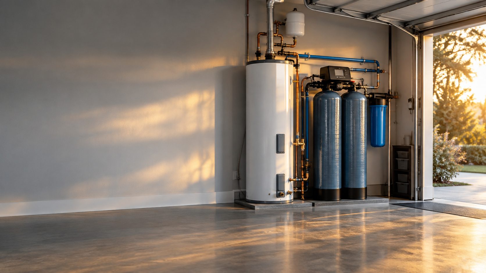 Water heater and whole-home water filtration system installed in a clean garage