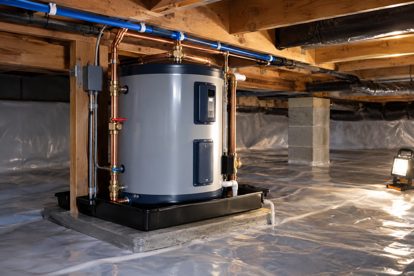 Lowboy water heater installed in a crawl space