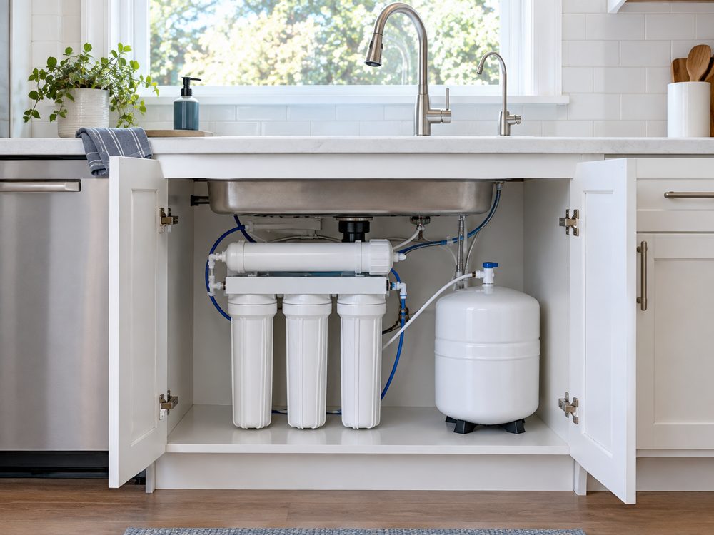 Reverse osmosis drinking water system under a kitchen sink