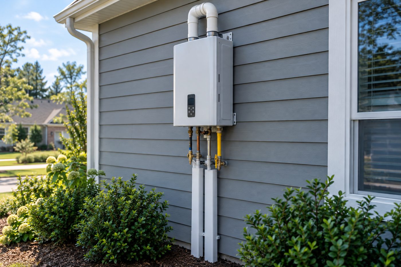 Tankless water heater mounted on the outside wall of a house